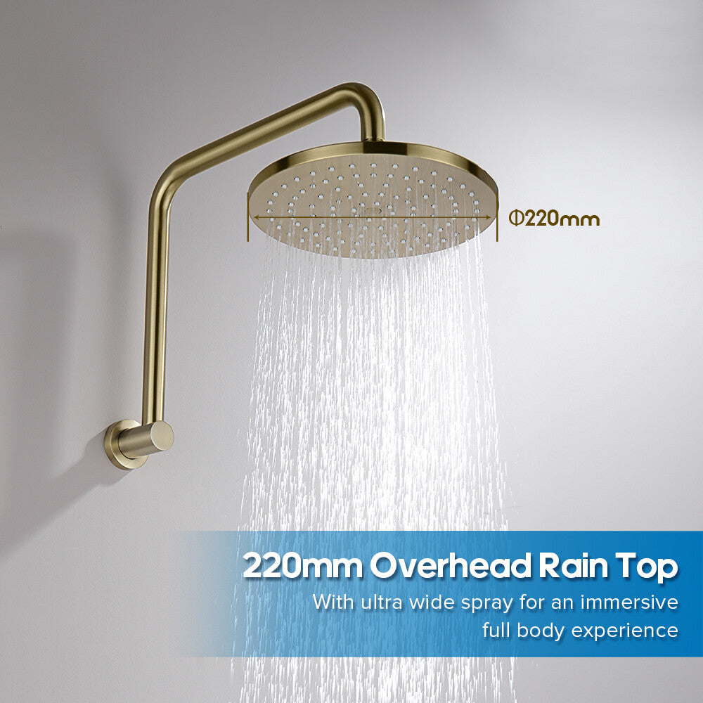 WELS 9" Rain Shower Head with Gooseneck Shower Arm Brushed Gold Overhead