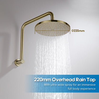 WELS 9" Rain Shower Head with Gooseneck Shower Arm Brushed Gold Overhead