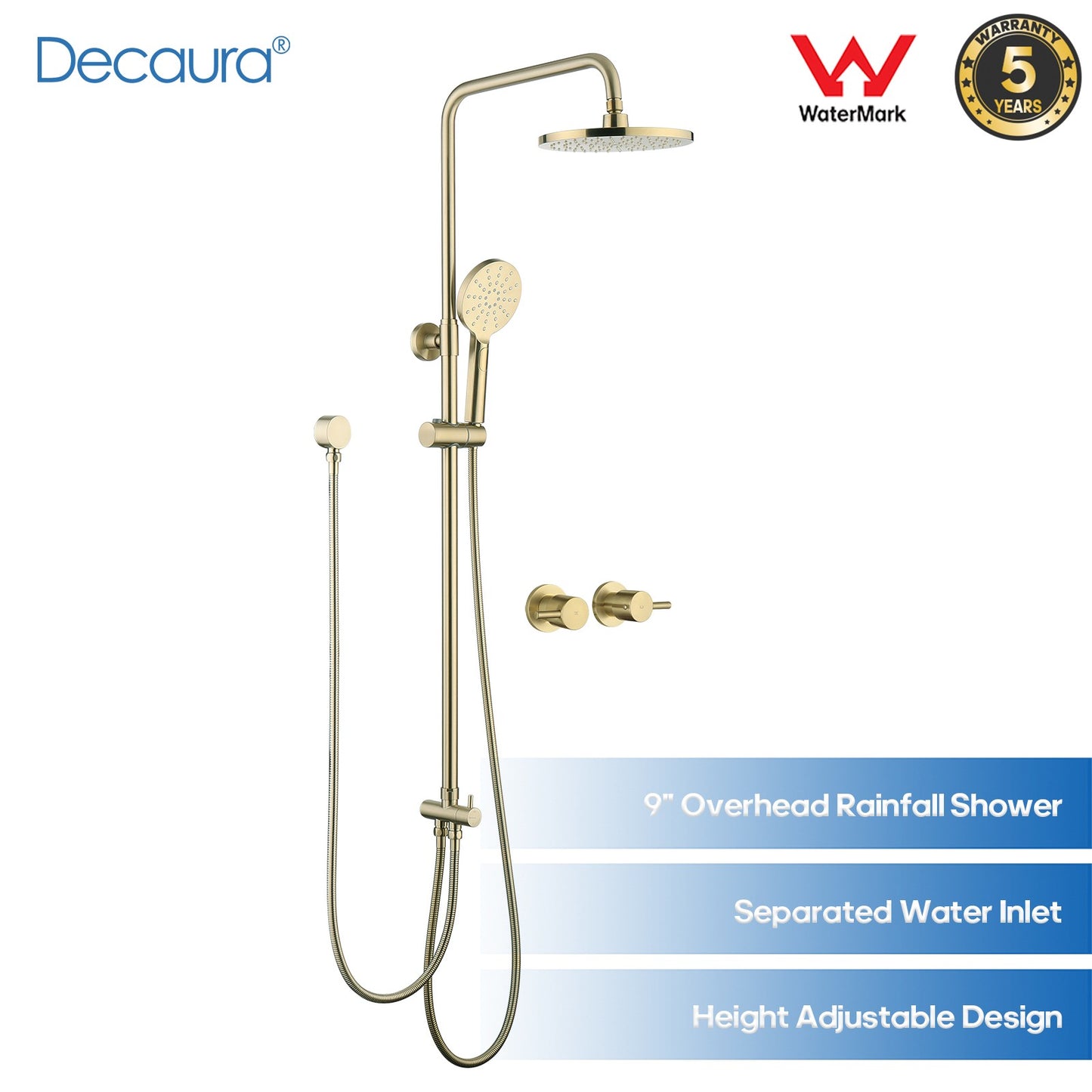 Decaura Shower Head Set Brushed Gold Round Rail Set Shower Mixer Tap Wall Mount