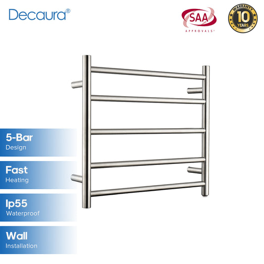 Decaura Wall Mounted Heated Towel Rail 5 Bar 304 Stainless Steel Brushed Round