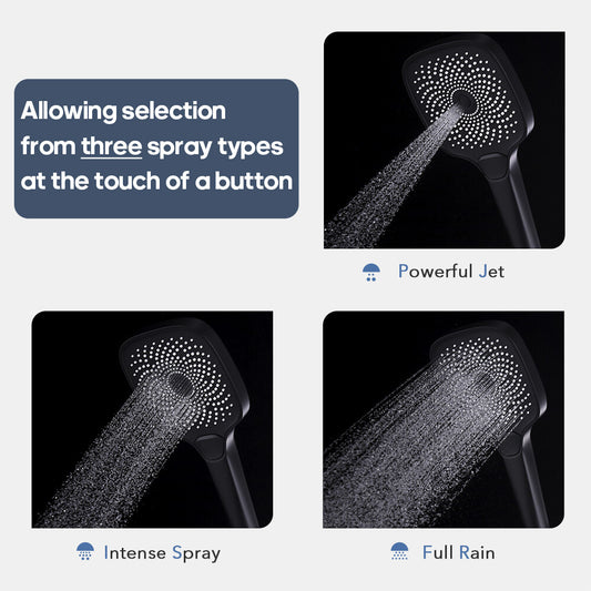 WELS Black Hand Held Shower Head Set 3-Mode with 1.5m Shower Hose and Holder