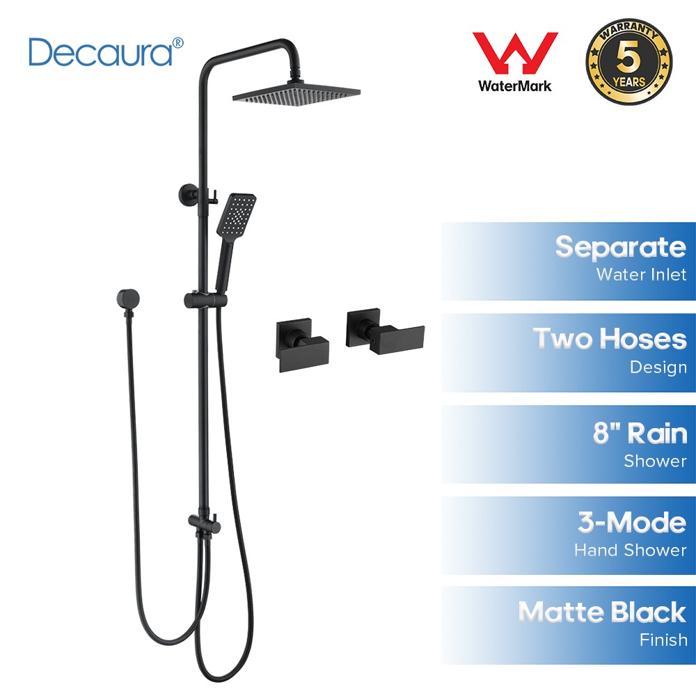 Decaura 8" Rain Shower Head Set Black Separate Water Inlet Elbow Shower Taps
