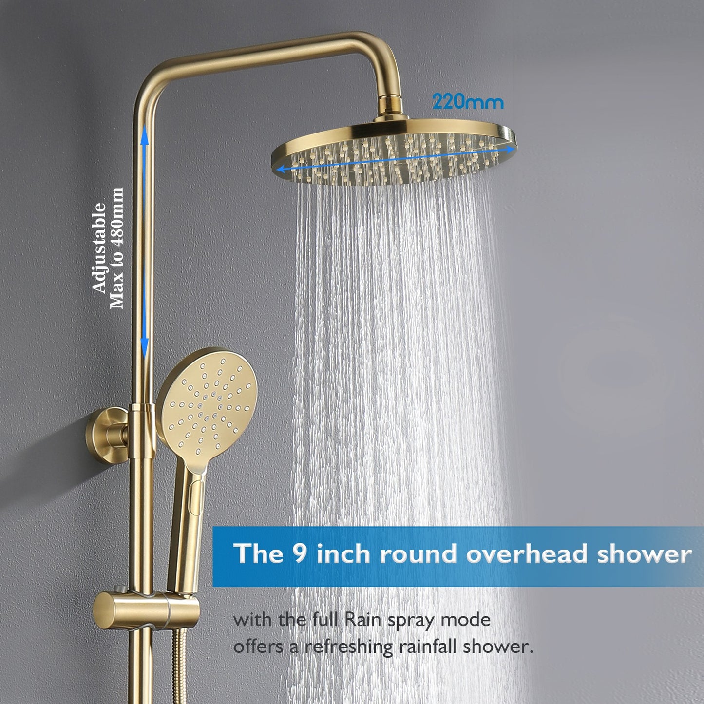 Decaura 9" Rain Shower Head Set Brushed Gold Separate Water Inlet Elbow Round