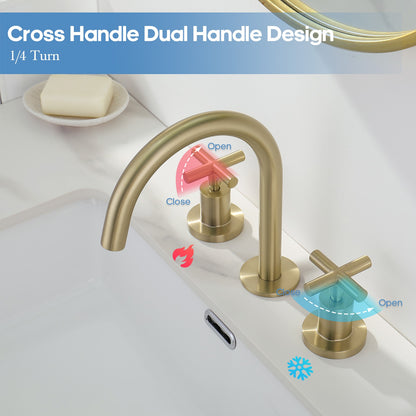 Decaura Basin Tap Set Brushed Gold Cross Handle 1/4 Turn Swivel Spout Bathroom