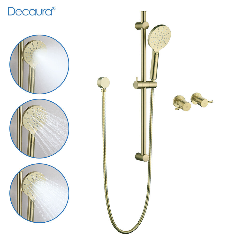 Decaura Shower Rail Set Hand Held Shower Head on Sliding Bar Brushed Gold Taps