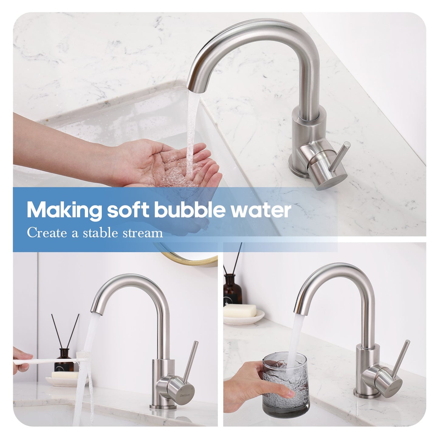 Decaura Bathroom Basin Mixer Tap Brushed Nickel with Swivel Arm 243mm tall