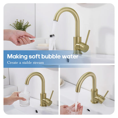 Decaura Brushed Gold Bathroom Basin Mixer Tap Round Swivel Arm Vanity Faucet