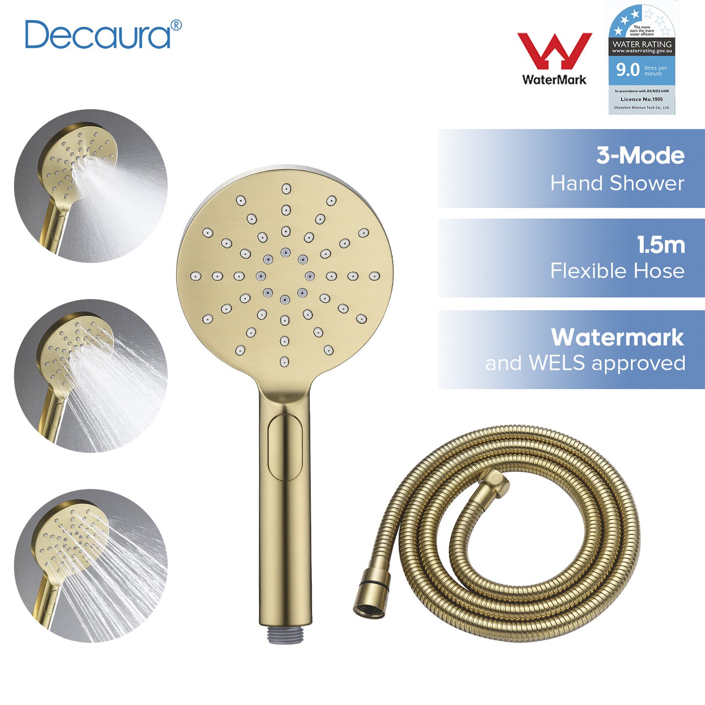 Brushed Gold Hand Held Shower Head and 1.5m Shower Hose 3-Mode Spray Bathroom