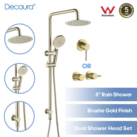 Decaura 8" Rain Shower Head Set Brushed Gold Gooseneck Long Rail Shower Taps