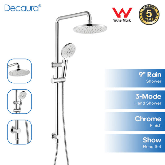 Decaura Shower Head Set 9" Rain Shower and 3-Mode Hand Chrome Round Gooseneck