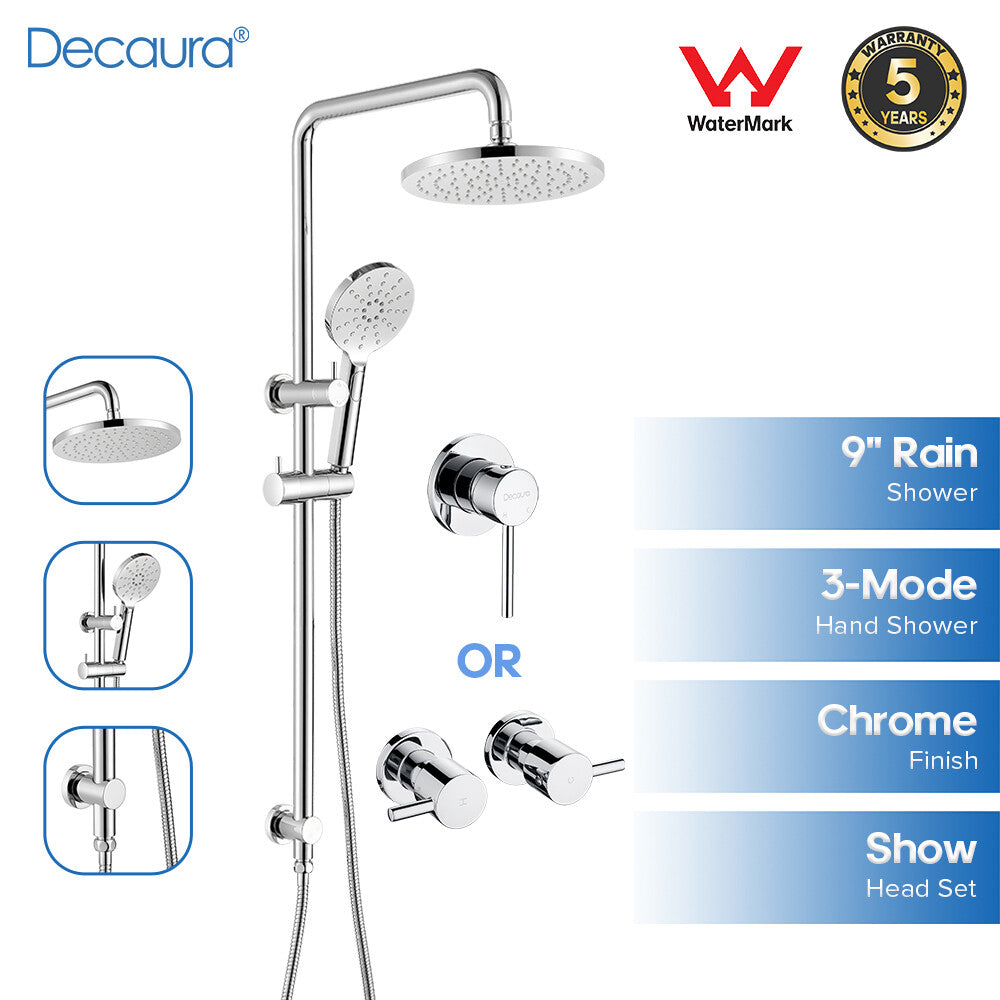 Decaura 9" Rain Shower Head Set Chrome 3-Mode Hand Gooseneck Arm Shower Taps