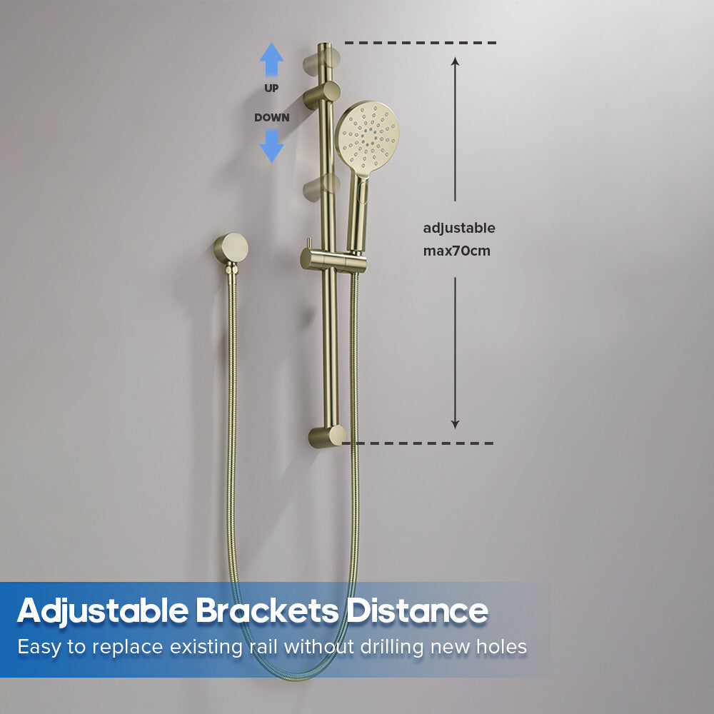 Decaura Shower Head Set Brushed Gold Round Rail Set Shower Mixer Tap Wall Mount