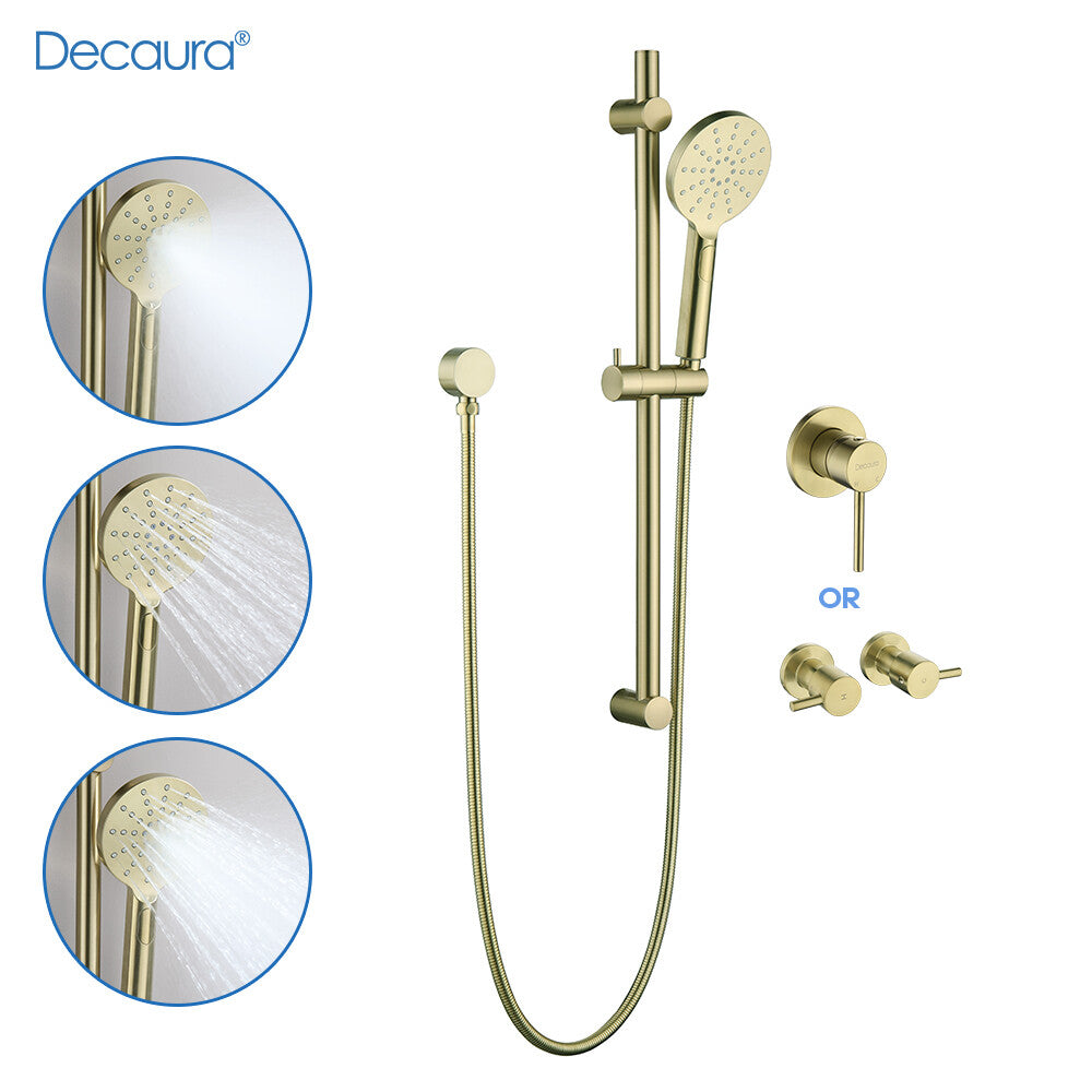 Decaura Shower Rail Set Hand Held Shower Head on Sliding Bar Brushed Gold Taps