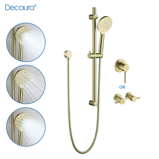 Decaura Shower Rail Set Hand Held Shower Head on Sliding Bar Brushed Gold Taps