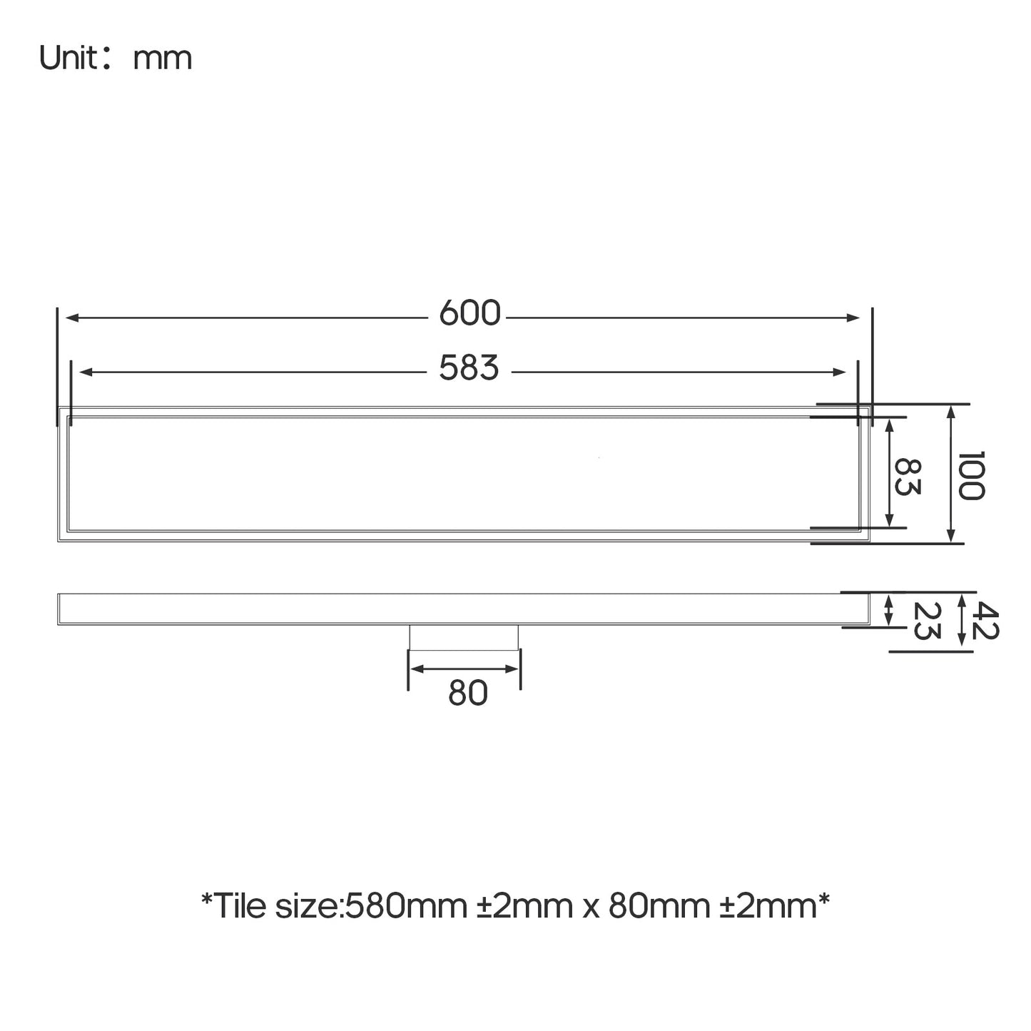 Decaura 600mm Tile Insert Shower Grate Floor Drain 80mm Waste Outlet Brushed