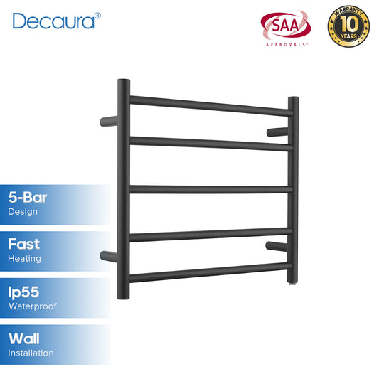 Decaura Wall Mounted Heated Towel Rail Black 5 Rungs 304 Stainless Steel Round