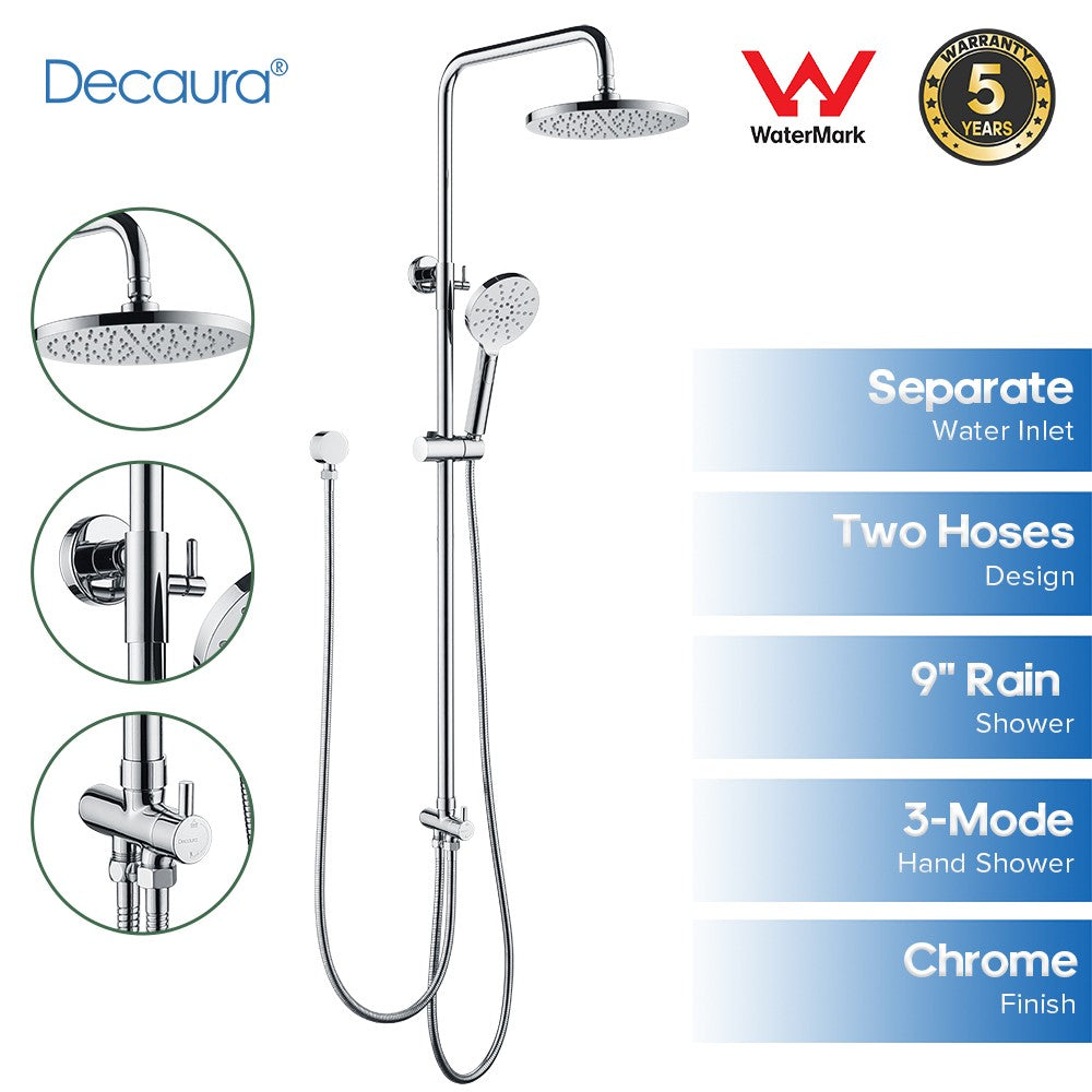 WELS 9" Rain Shower Head Set Separate Water Inlet Elbow Chrome Round Rail