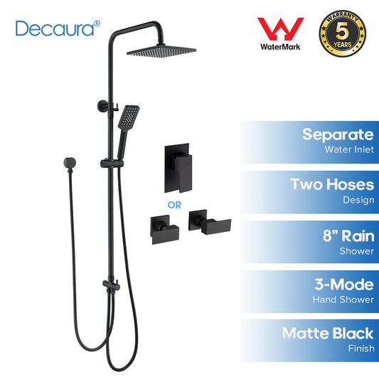 Decaura 8" Rain Shower Head Set Black Separate Water Inlet Elbow Shower Taps