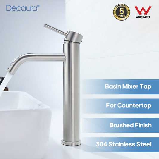 Decaura Bathroom Basin Mixer Tap Stainless Steel Long Gooseneck Brushed Nickel