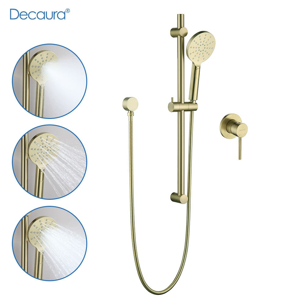 Decaura Shower Head Set Brushed Gold Round Rail Set Shower Mixer Tap Wall Mount