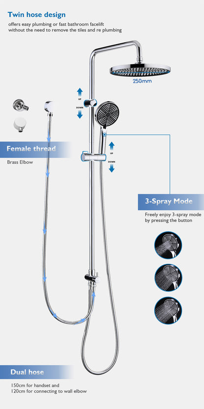 Decaura 10" Rain Shower Head Set Chrome Round Gooseneck Shower Arm Wall Tapware