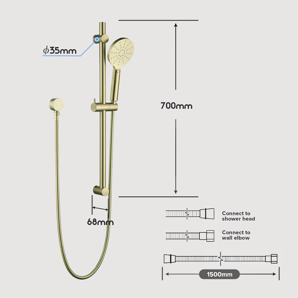 Decaura Shower Head Set Brushed Gold Round Rail Set Shower Mixer Tap Wall Mount