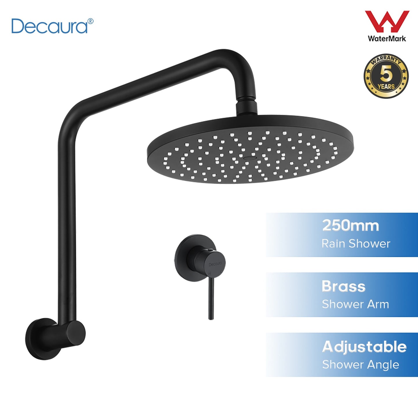 Decaura Black 9" Rain Shower Head Set Gooseneck Arm Round Shower Taps Wall Mount