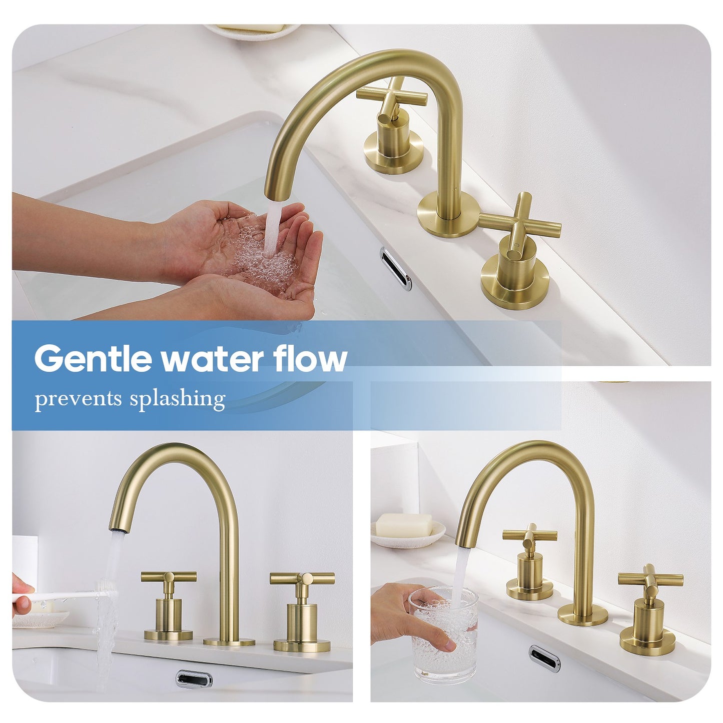 Decaura Basin Tap Set Brushed Gold Cross Handle 1/4 Turn Swivel Spout Bathroom