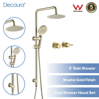 Decaura Shower Head Set Brushed Gold Round Rail Set Shower Mixer Tap Wall Mount