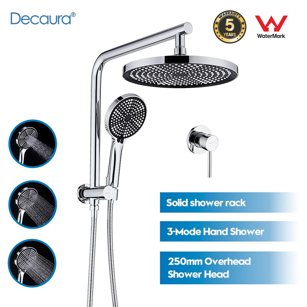 Decaura 10" Rain Shower Head Set Chrome Round Gooseneck Shower Arm Wall Tapware
