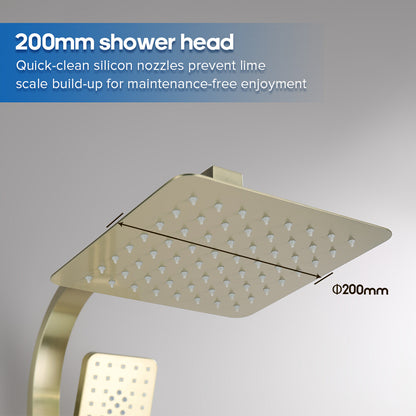 Decaura 8" Rain Shower Head Set Brushed Gold Square Gooseneck Arm Shower Taps