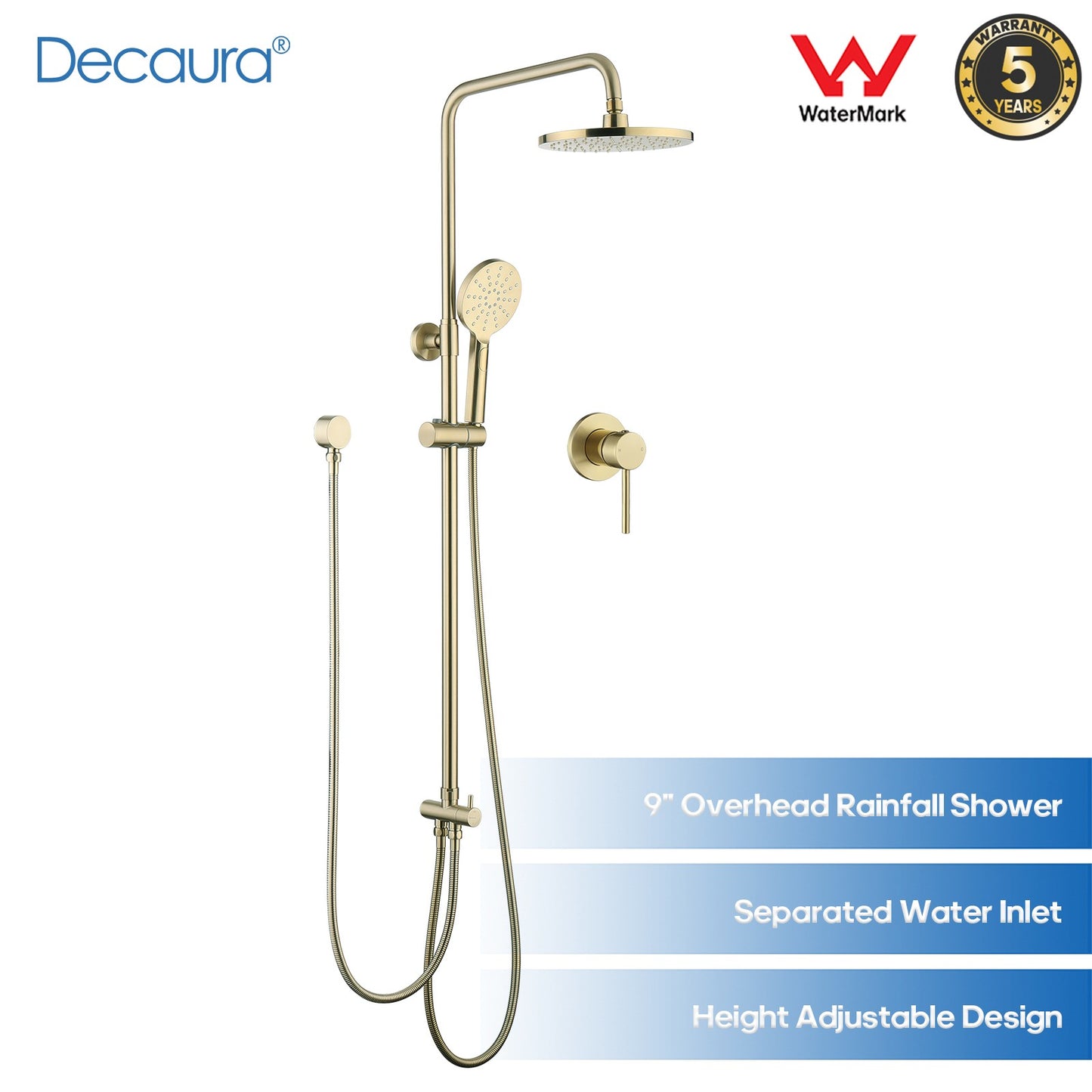 Decaura Shower Head Set Brushed Gold Round Rail Set Shower Mixer Tap Wall Mount