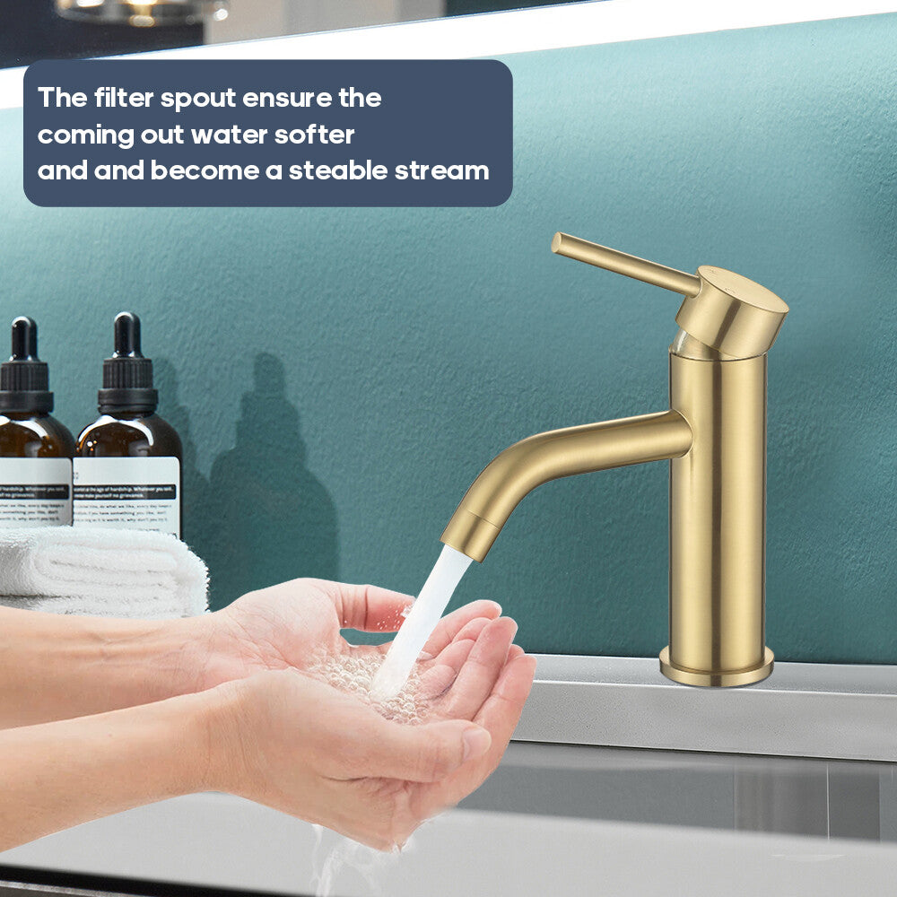 Decaura Brushed Gold Basin Mixer Tap and Pop Up Waste without Overflow Bathroom