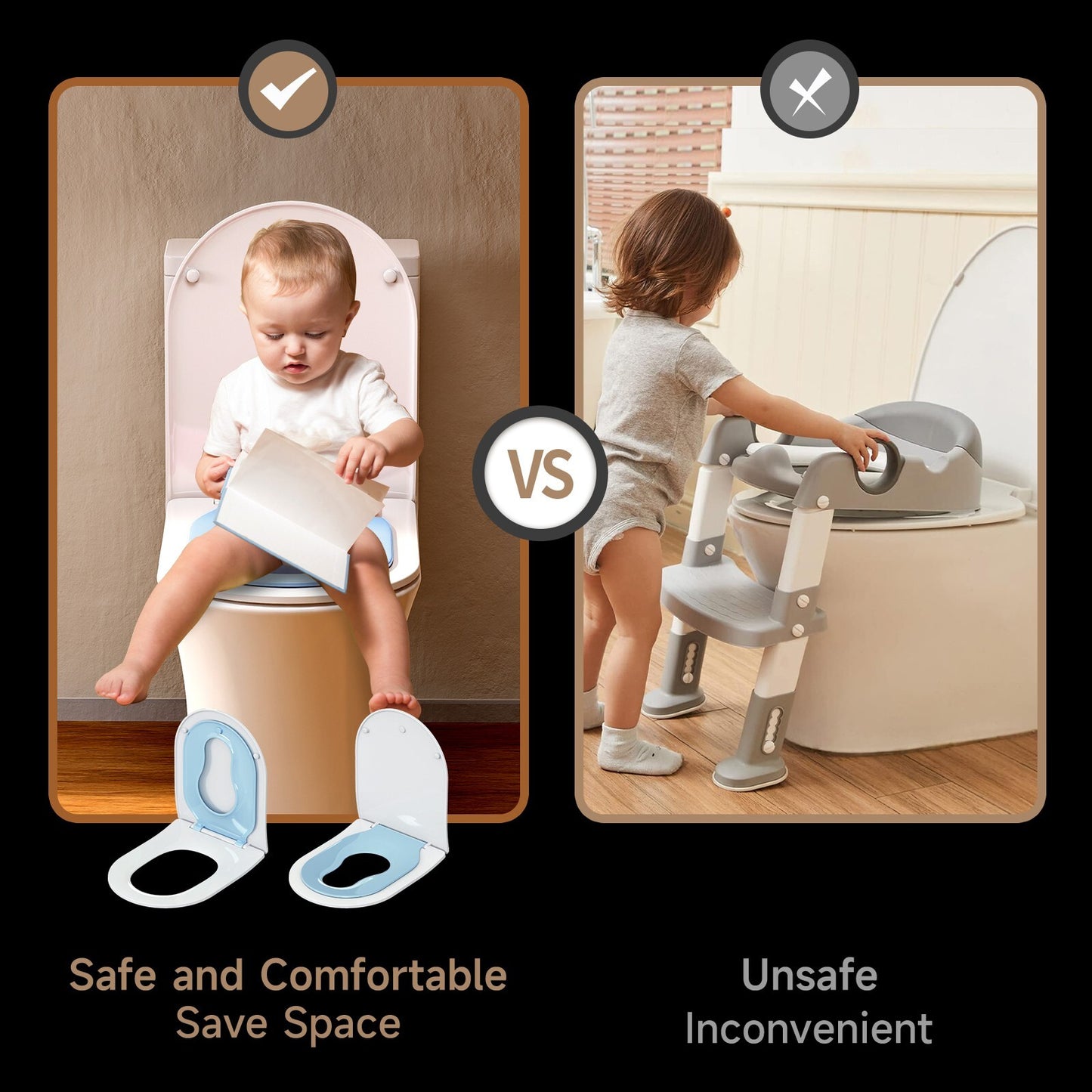 AQUATIZ Blue D-Shaped Family Toilet Seat with Built-in Potty Training Seat