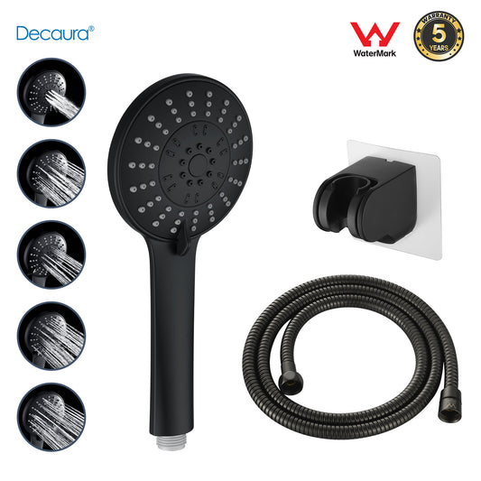 Decaura Hand Held Shower Head Set Black 5-Mode Spray Adheive Holder 1.5m Hose