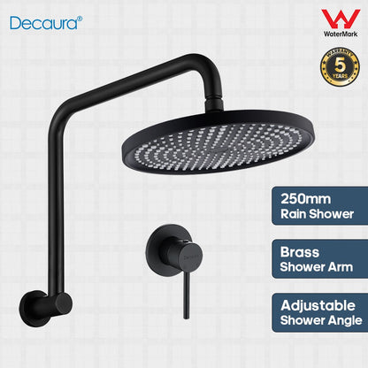 Decaura 10" Rain Shower Head Set Black Round Gooseneck Shower Arm Wall Tapware