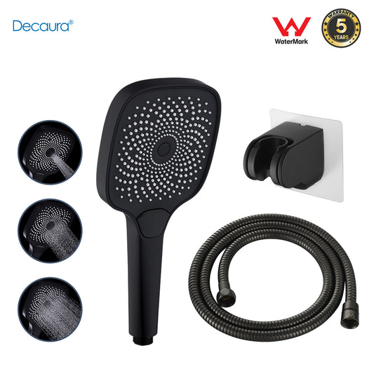 WELS Black Hand Held Shower Head Set 3-Mode with 1.5m Shower Hose and Holder