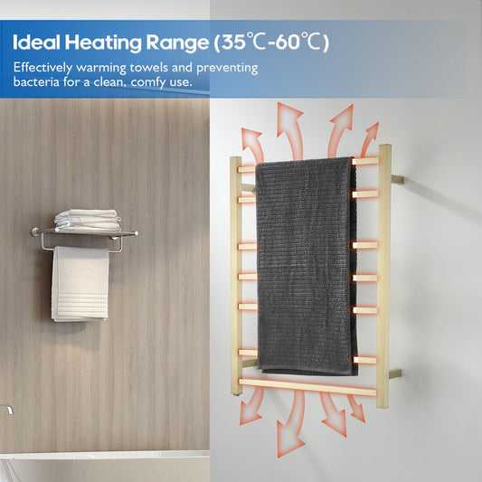 Square Wall Mounted Heated Towel Rail Brushed Gold 7 Rungs 304 Stainless Steel