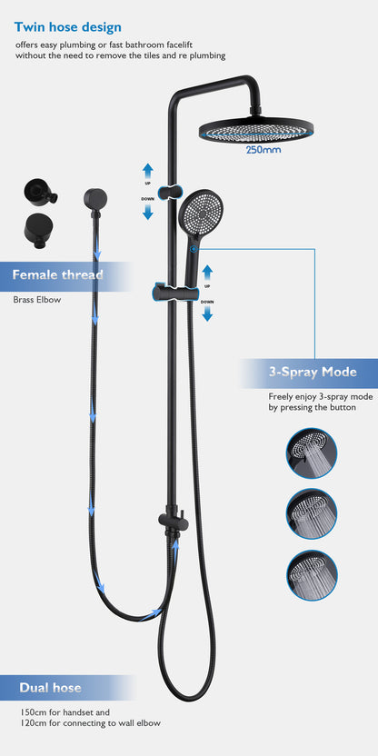 Decaura 10" Rain Shower Head Set Black Separate Water Inlet Wall Mount Mixer Tap