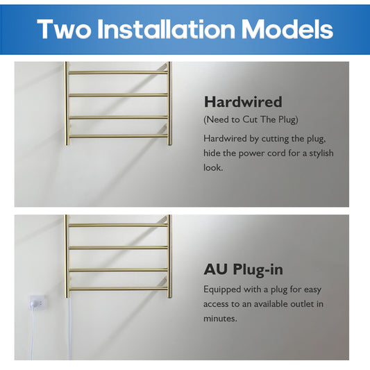 Heated Towel Rail Wall Mounted Brushed Gold Round 5 Rungs 304 Stainless Steel