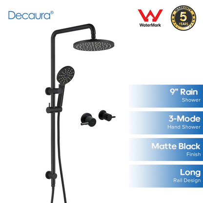 Decaura 9" Rain Shower Head Set Black Round Long Rail Gooseneck Arm Bathroom