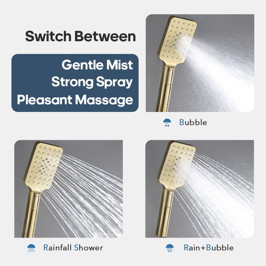 Decaura Handheld Shower Head Square 3-Mode Spray with Shower Hose Brushed Gold