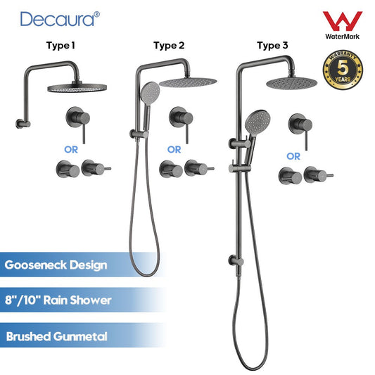 Decaura Bathroom Rain Shower Head Set Round Gooseneck Shower Arm Gunmetal Grey