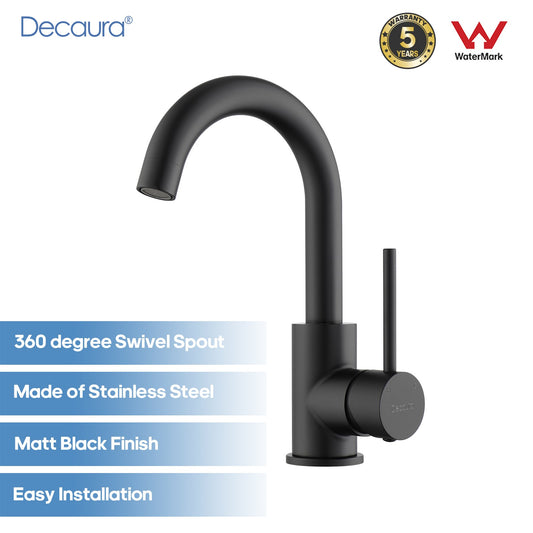 Decaura Black Basin Mixer Tap Swivel Arm Bathroom Vanity Sink Faucet Round Form