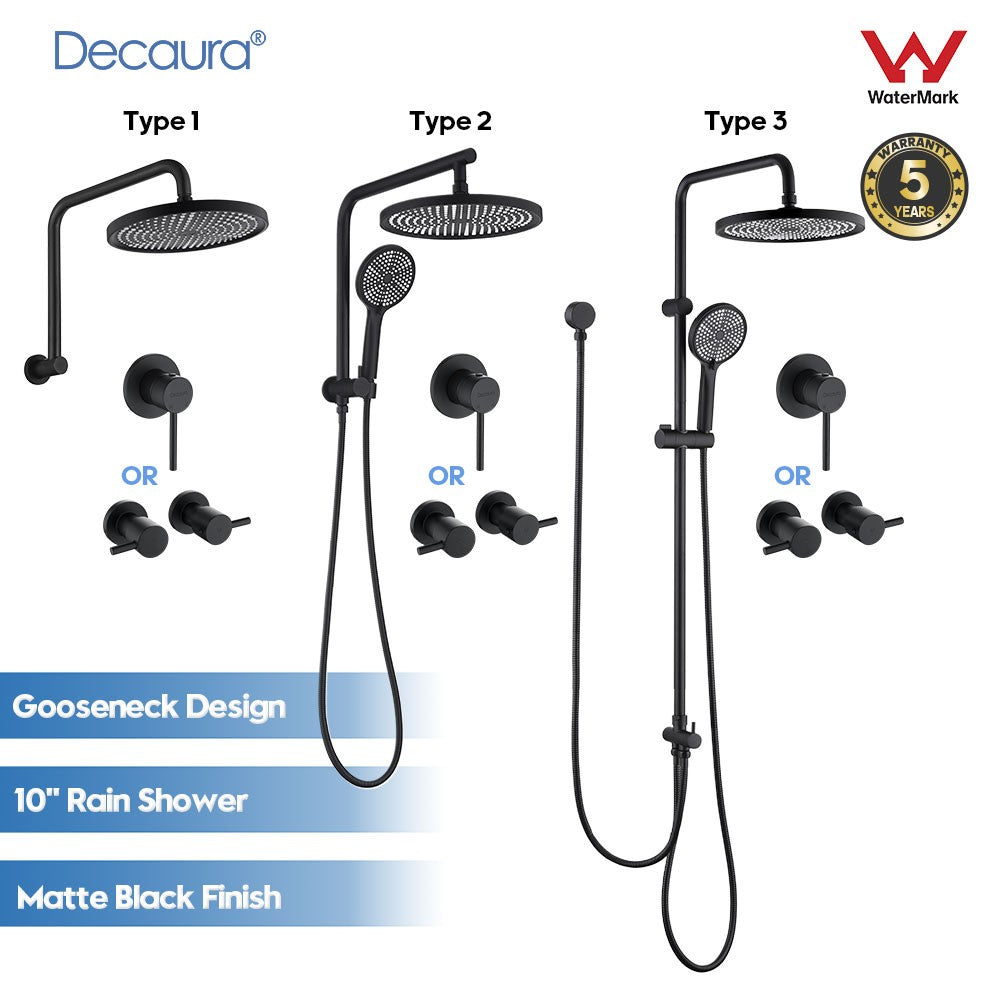 Decaura 10" Rain Shower Head Set Black Round Gooseneck Shower Arm Wall Tapware