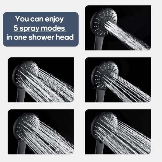 Decaura Hand Held Shower Head Set Black 5-Mode Spray Adheive Holder 1.5m Hose