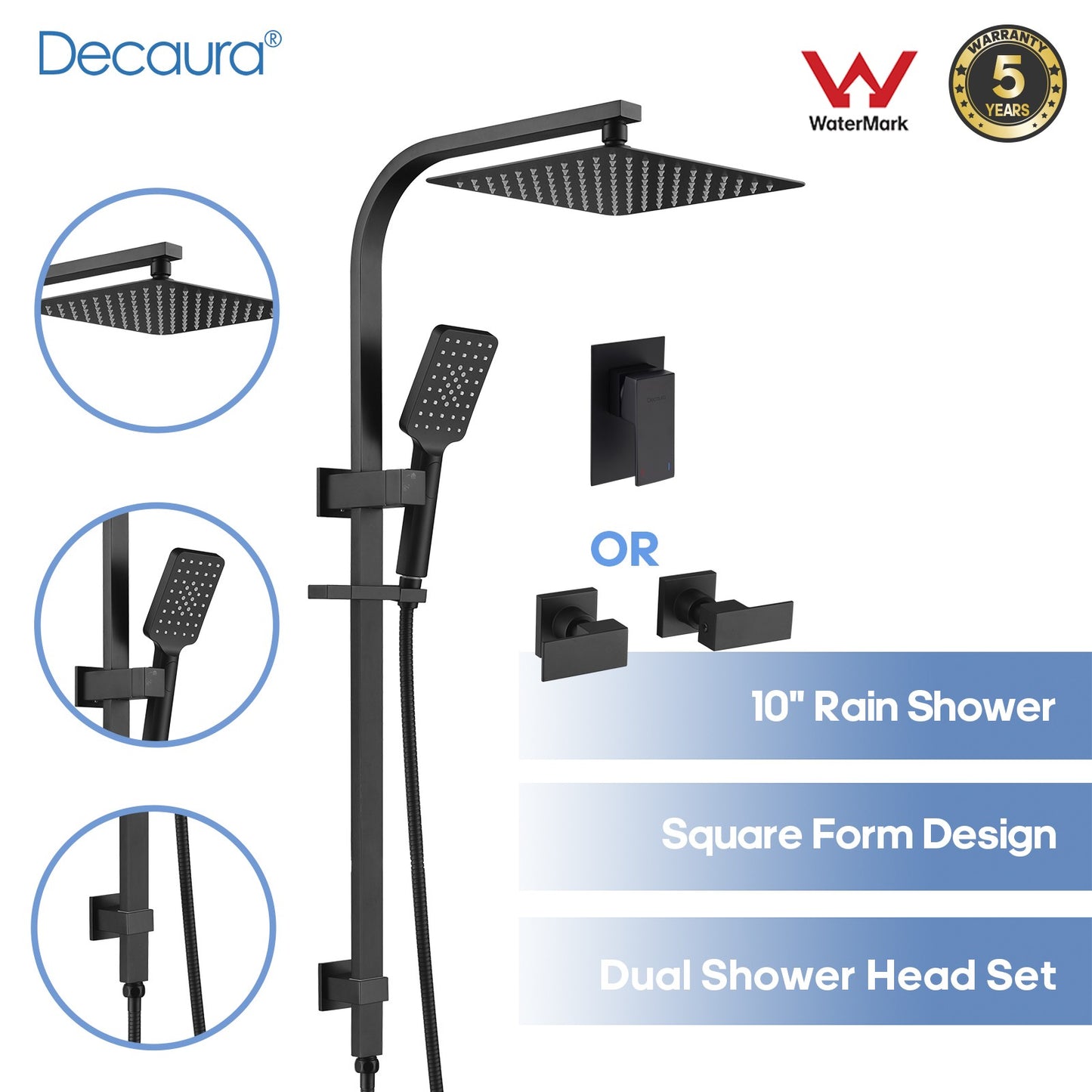 Decaura 10" Rain Shower Head Set Black Square with/without Shower Taps Bathroom