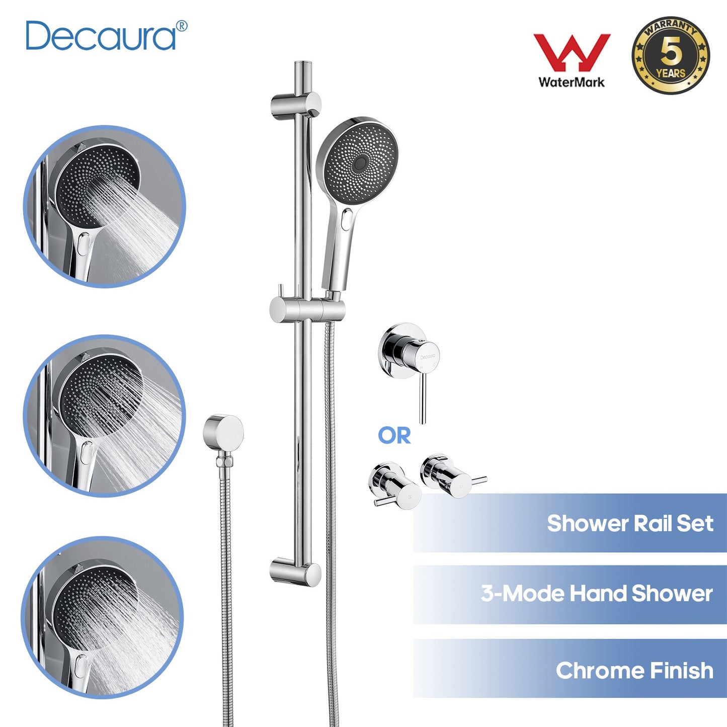 WELS Hand Held Shower Head on Sliding Rail Bar Chrome Round Shower Mixer Taps