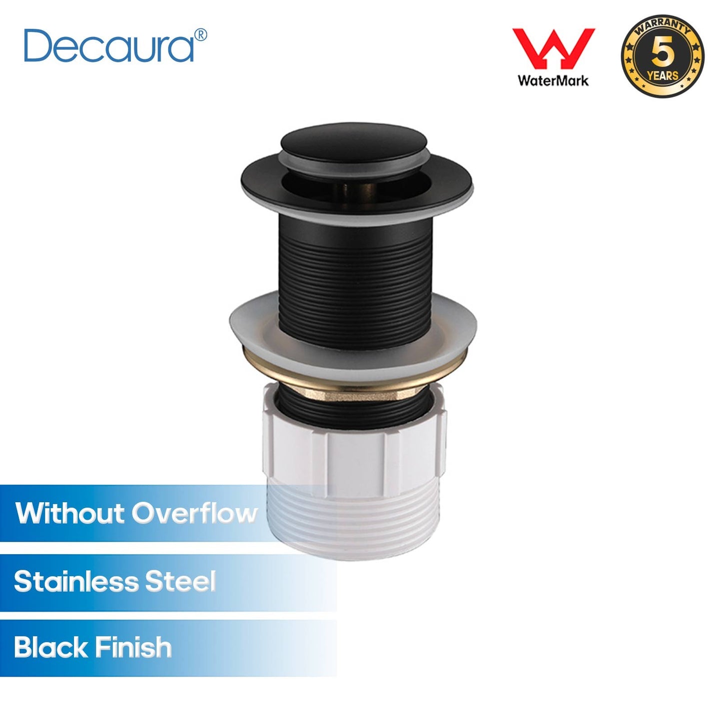 Decaura Pop Up Waste without Overflow Vanity Basin Push Plug Drain 32mm Black