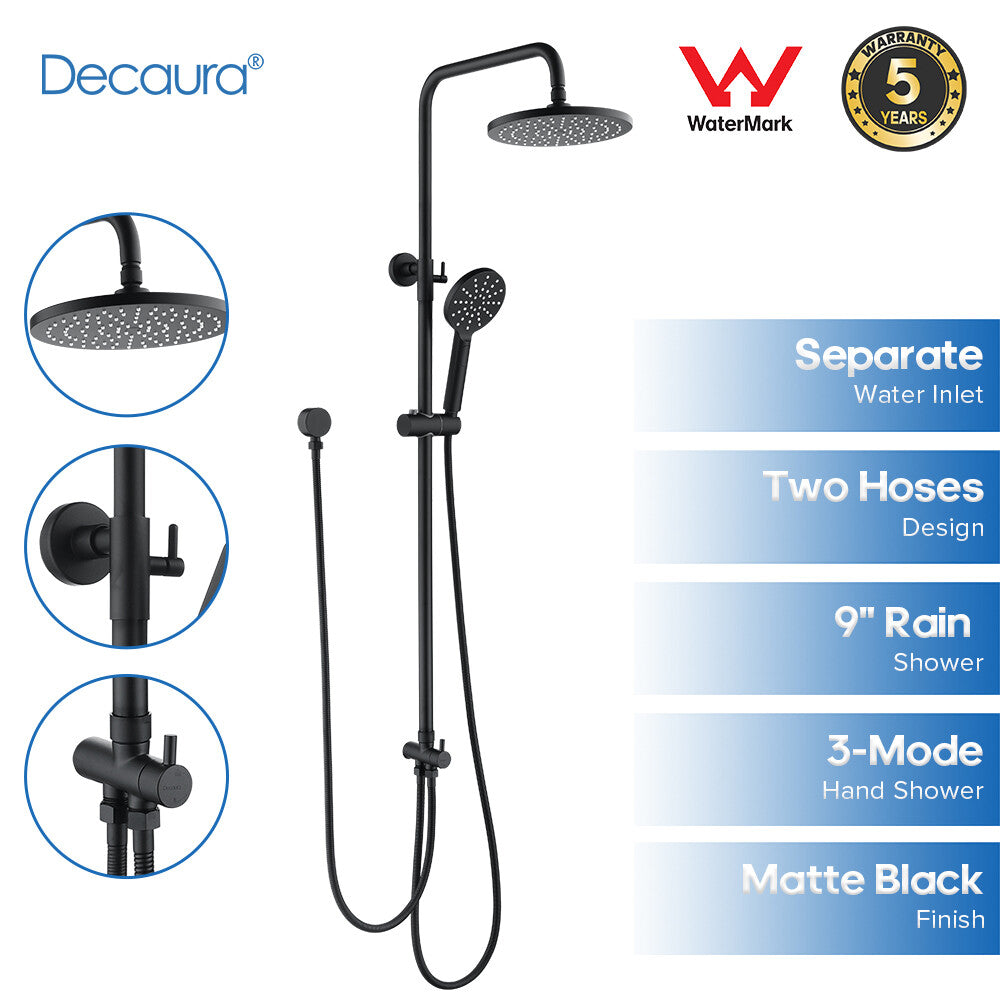 Decaura 9" Rain Shower Head Set Black Round Separate Wall Elbow Tapware Mixer